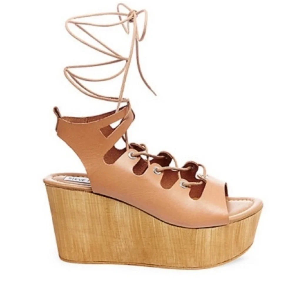 Steve Madden Tan Leather Lace Up Buxton Platform Wedge Sandals Wood Boho Heel 37